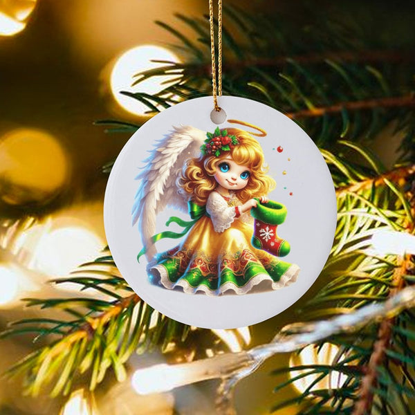 Christmas Angel Ornament, Adorable Cherub with Stocking Ornament, Ceramic Cherub Holiday Ornament, Angel Tree Keepsake, Holid