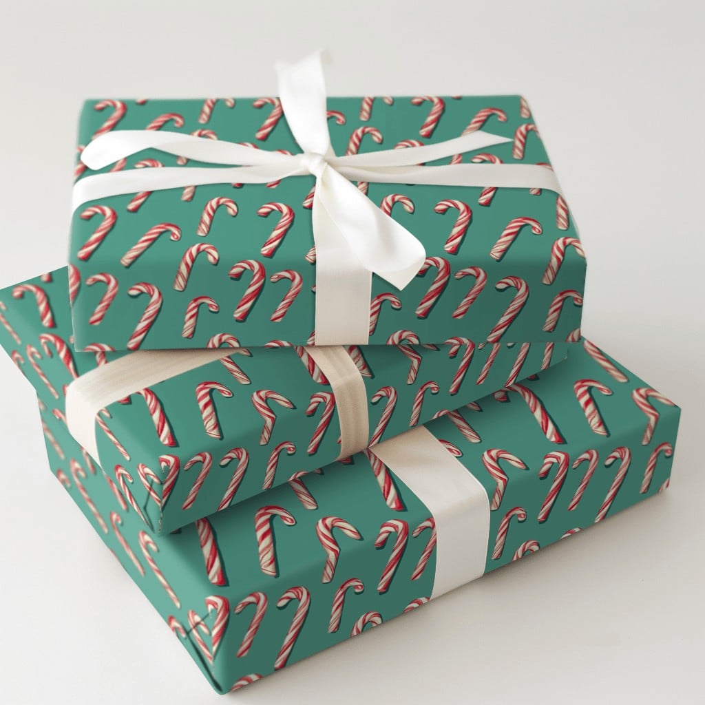 Festive Candy Cane Gift Wrap, Candy Cane Christmas Wrapping Paper, Red and White Candy Cane Present Paper, Teal Holiday Wrapp