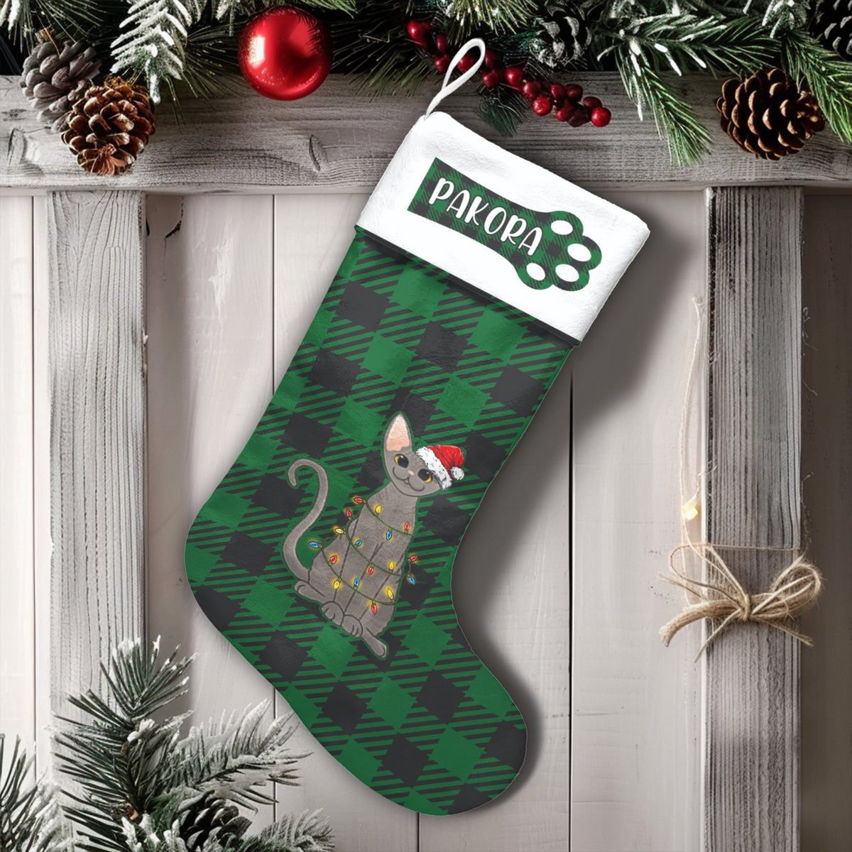Grey Kitty Santa Hat Stocking, Personalized Cat Christmas Stocking, Custom Pet Name Holiday Stocking, Cat Lover Family Christ