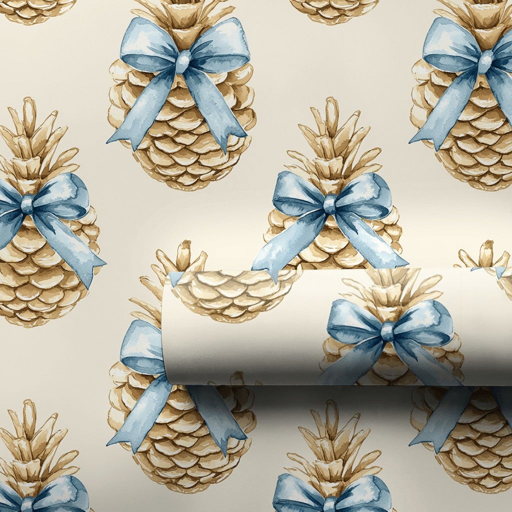 Blue Bow Winter Gift Wrap, Rustic Pinecone Christmas Wrapping Paper, Watercolor Pinecone Wrapping Paper, Elegant Holiday Gift