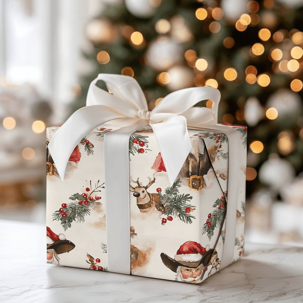 Rustic Reindeer Holiday Gift Wrap, Western Cowboy Santa Wrapping Paper, Country Christmas Wrapping Paper, Pine Holly Berry Xm