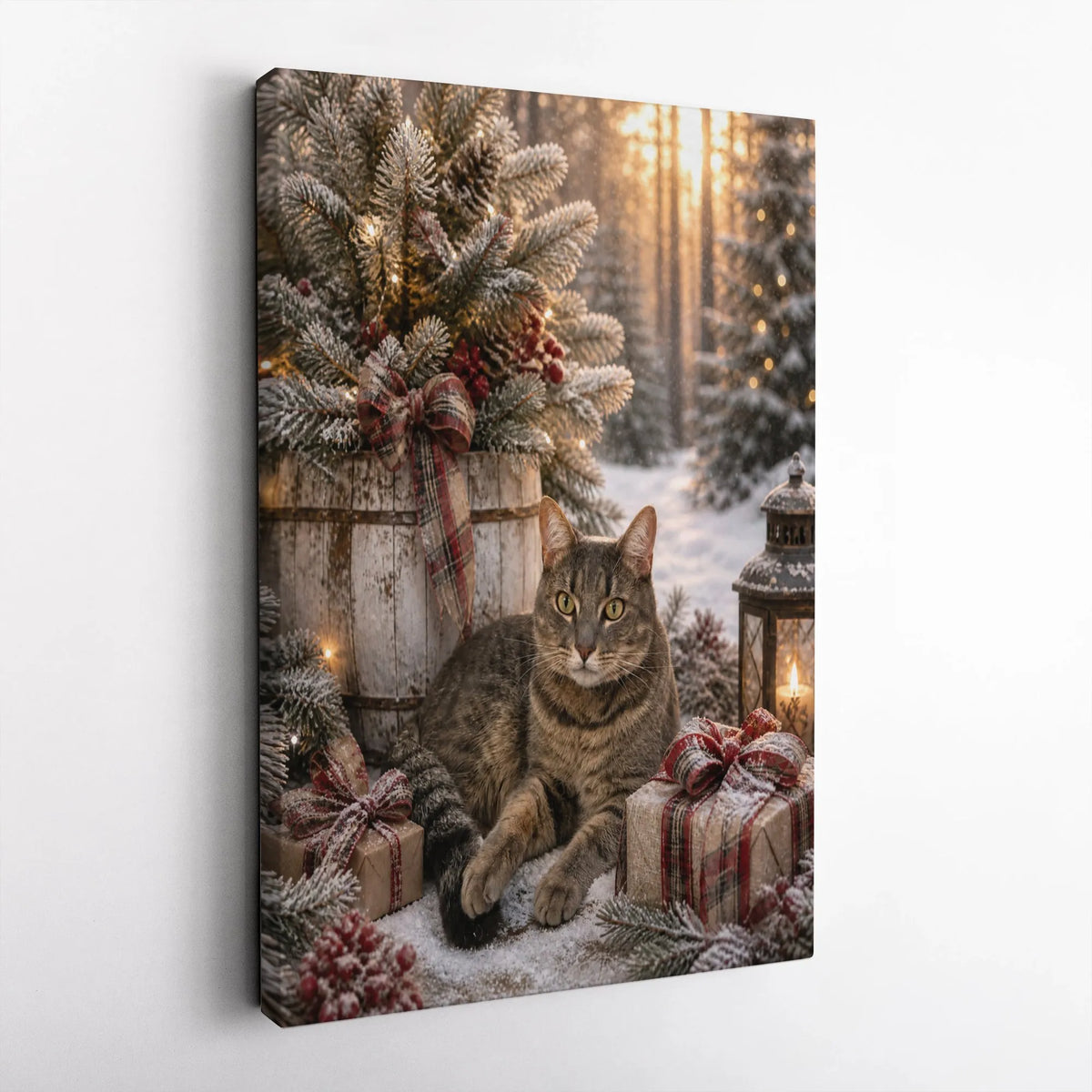 Snowy Winter Cat Wall Art, Christmas Tabby Cat Canvas, Holiday Kitten Lantern Canvas Print, Festive Cat Lover Wall Decor, Com