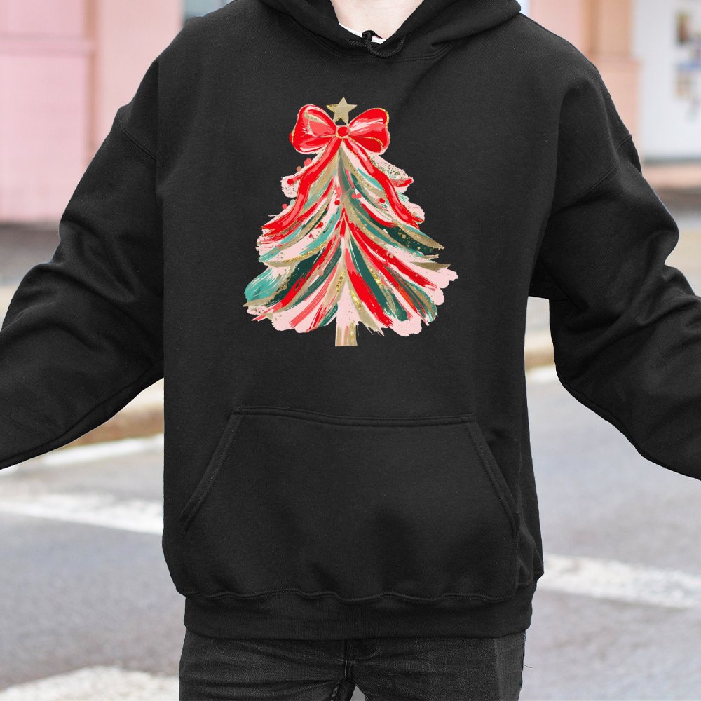 Painted Holiday Bow Sweatshirt, Coquette Christmas Tree Hoodie, Aesthetic Winter Tree Pullover, Adorable Christmas Present fo