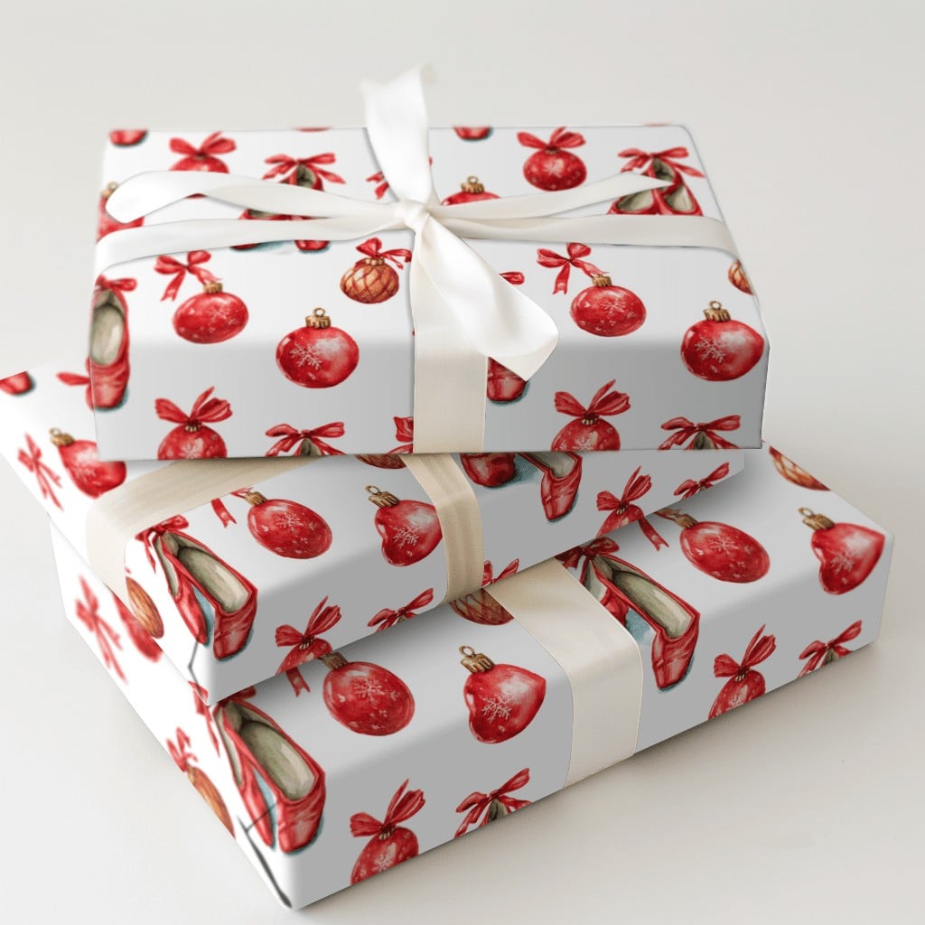 Christmas Nutcracker Gift Wrap, Ballet Pointe Shoes Wrapping Paper, Red Ribbon Holiday Wrapping Paper, Ballerina Dancer Gift 