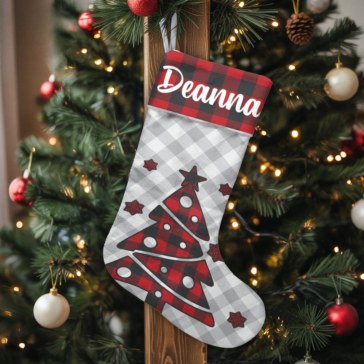 Custom Name Christmas Stocking, Personalized Buffalo Plaid Tree Christmas Stocking, Rustic Pine Holiday Stocking, Comfy Famil