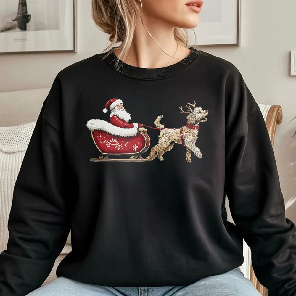 Santa Sleigh Dog Lover Sweatshirt, Goldendoodle Christmas Sweatshirt, Adorable Xmas Puppy Graphic Crewneck, Holiday Pet Owner