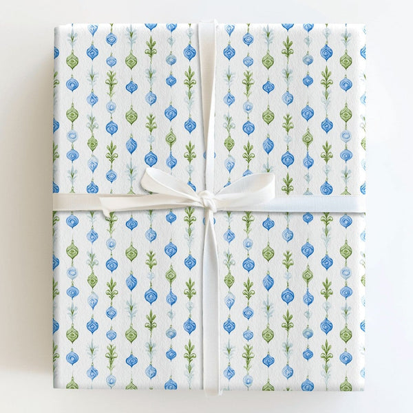 Blue Green Garland Gift Wrap, Watercolor Ornament Christmas Wrapping Paper, Holiday Botanical Wrapping Paper, Elegant Winter 
