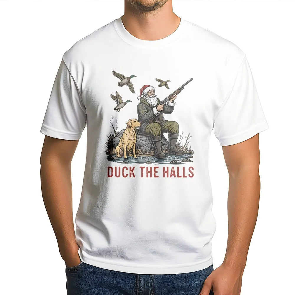 Humorous Duck Hunting Santa Shirt, Duck the Halls Christmas T-Shirt, Hunter Xmas Graphic Tee, Holiday Outdoorsman T-Shirt, Xm