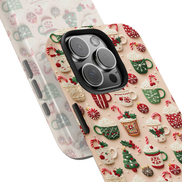 Winter Holiday Candy Cane Mug Phone Case, Christmas Hot Cocoa Phone Case, Dual Layer Tough Protective Cover, Comfy Christmas 