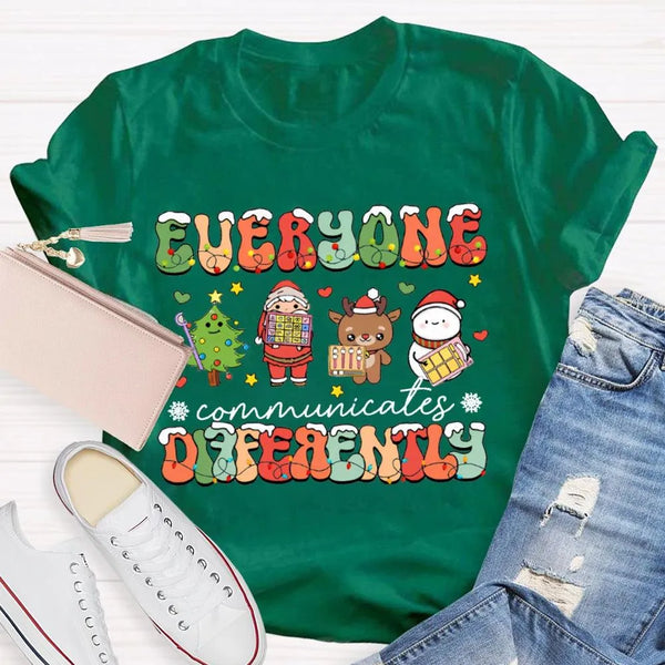 Festive Lights Neurodiversity Tee, Everyone Communicates Differently Christmas Shirt, SPED Teacher Holiday T-Shirt, ASL Xmas 