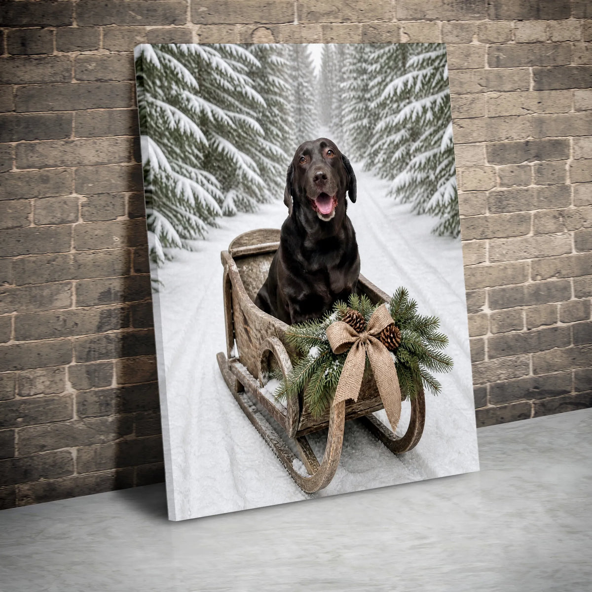 Snowy Forest Labrador Canvas Print, Black Lab Winter Sled Canvas, Christmas Dog Wall Art, Holiday Labrador Canvas Decor, Dog 