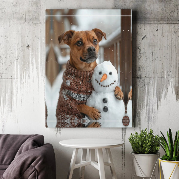 Winter Wonderland Dog Canvas Wall Art, Dog Hugging Snowman Canvas Print, Comfy Holiday Pet Wall Canvas, Adorable Christmas De