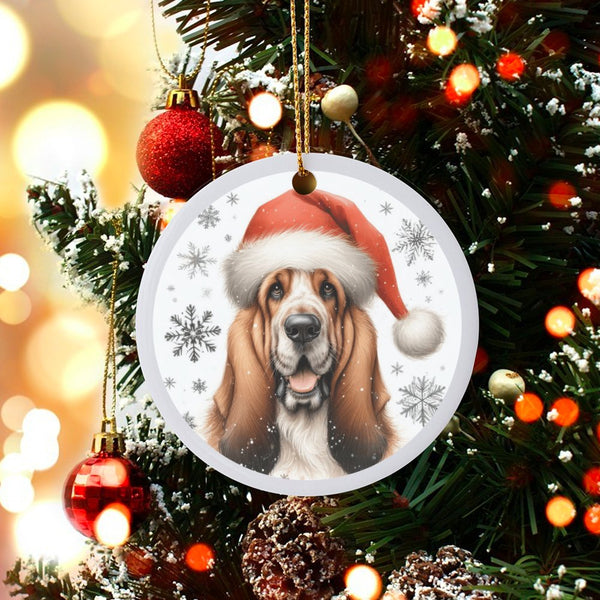 Santa Hat Hound Ceramic Ornament, Basset Hound Dog Christmas Ornament, Holiday Tree Keepsake Ornament, Present for Basset Hou