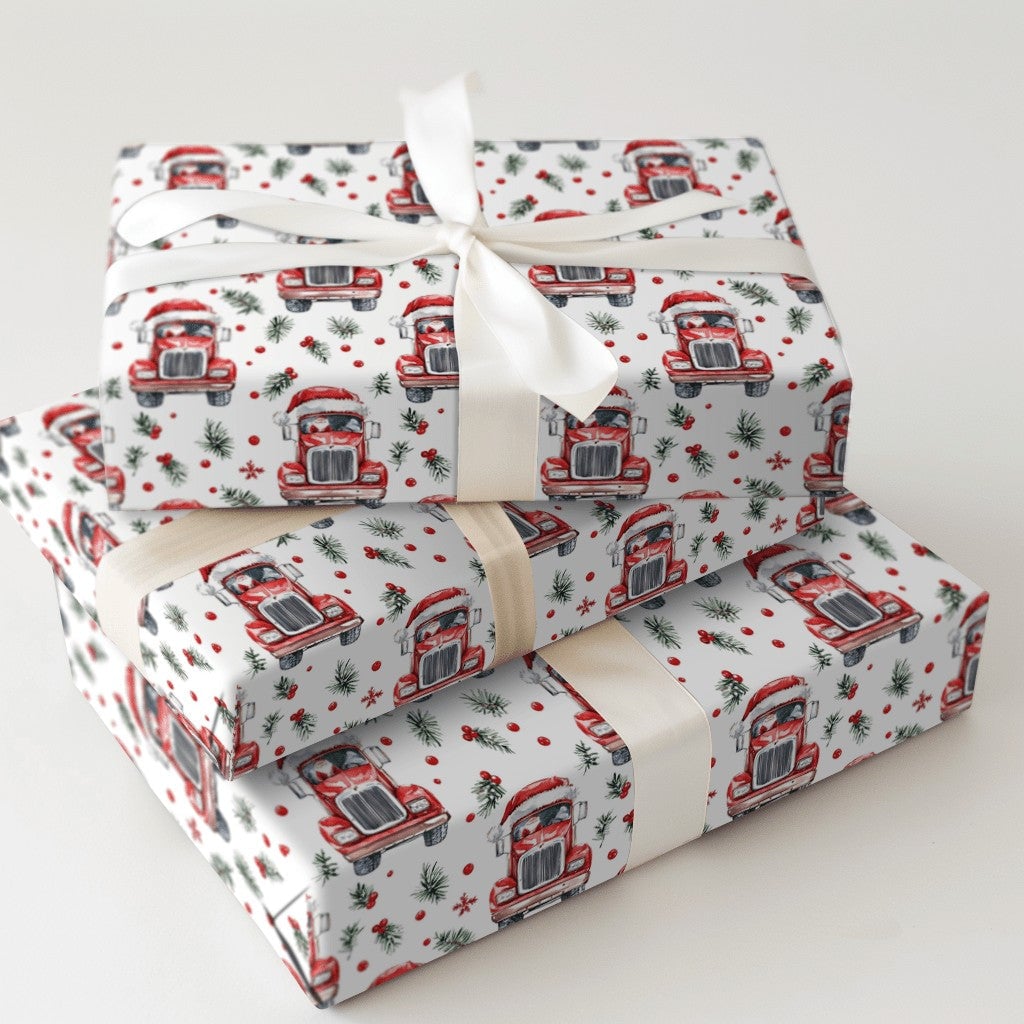 Christmas Trucker Gift Wrap, Santa Driving Semi Truck Wrapping Paper, Holiday Truck Driver Wrapping Paper Rolls, Festive Xmas
