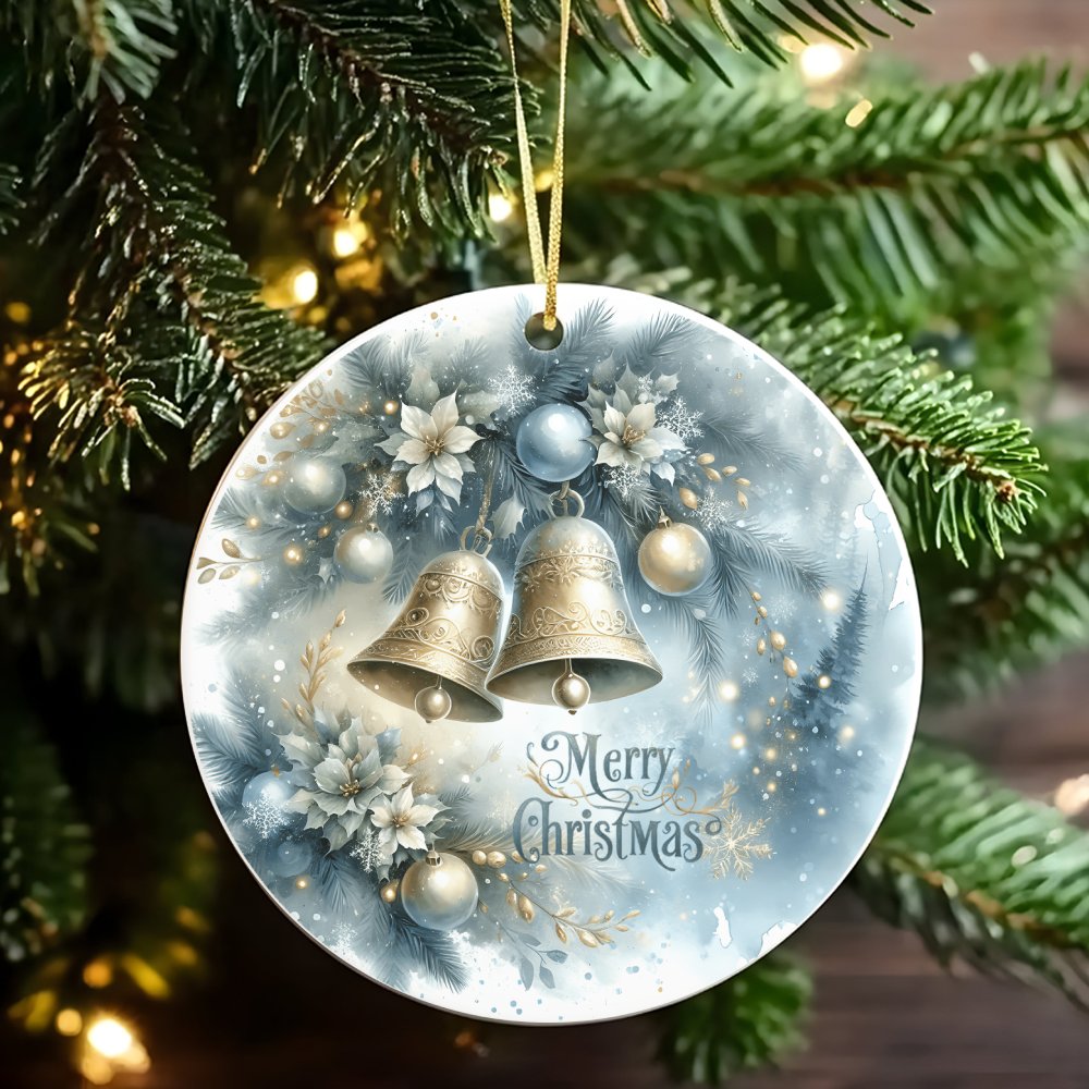 Winter Floral Holiday Ornament, Golden Bells Christmas Ornament, Elegant Merry Christmas Ceramic Ornament, Festive Tree Decor