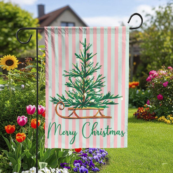 Pink Mint Stripe Xmas Yard Flag, Vintage Sleigh Merry Christmas Garden Flag, Retro Tree Outdoor Flag, Festive Holiday Lawn Po