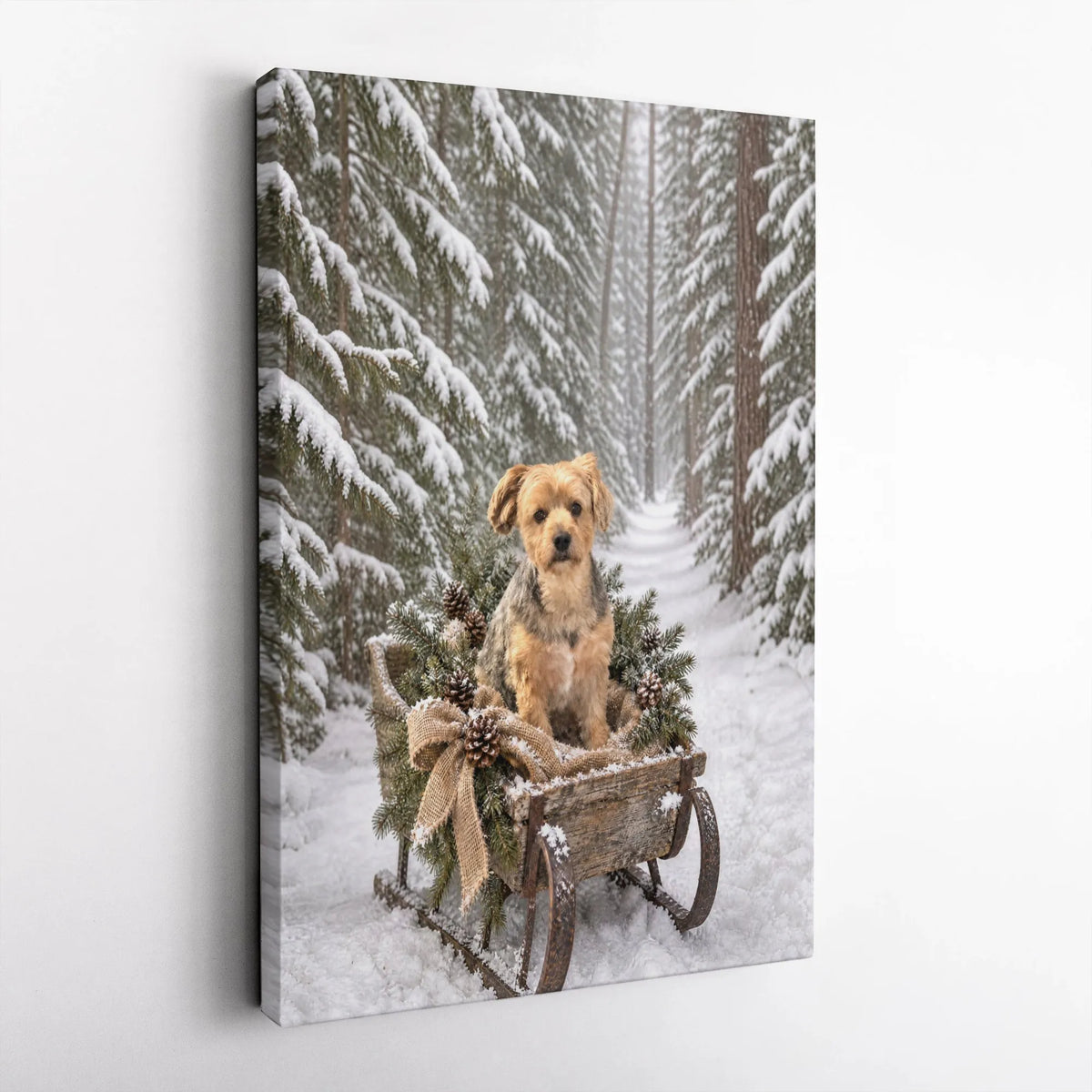 Snowy Forest Dog Wall Art, Winter Terrier Sled Canvas, Christmas Puppy Sleigh Canvas Print, Rustic Holiday Dog Lover Wall Dec
