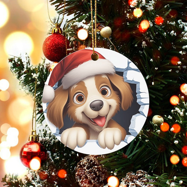 Santa Hat Dog Ornament, Cartoon Puppy Christmas Ornament, Wall Burst Puppy Ceramic Ornament, Holiday Tree Decor, Dog Lover Xm