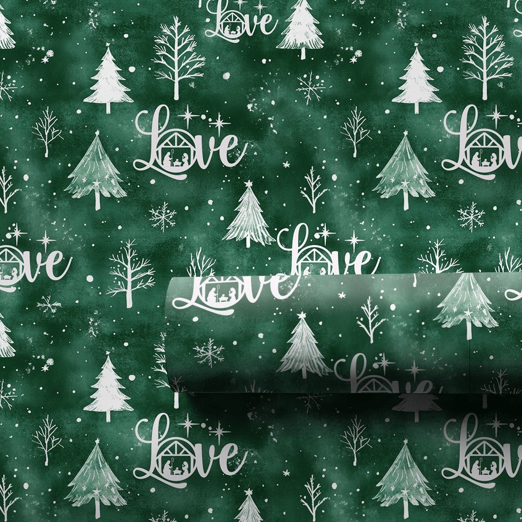Holy Family Holiday Gift Wrap, Nativity Love Christmas Wrapping Paper, Emerald Green Christian Paper, Winter Snowflake Presen