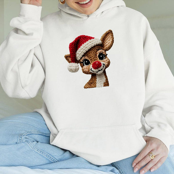 Faux Knitted Yarn Deer Sweatshirt, Reindeer Christmas Hoodie, Adorable Xmas Graphic Hooded Pullover, Comfy Holiday Deer Hoodi