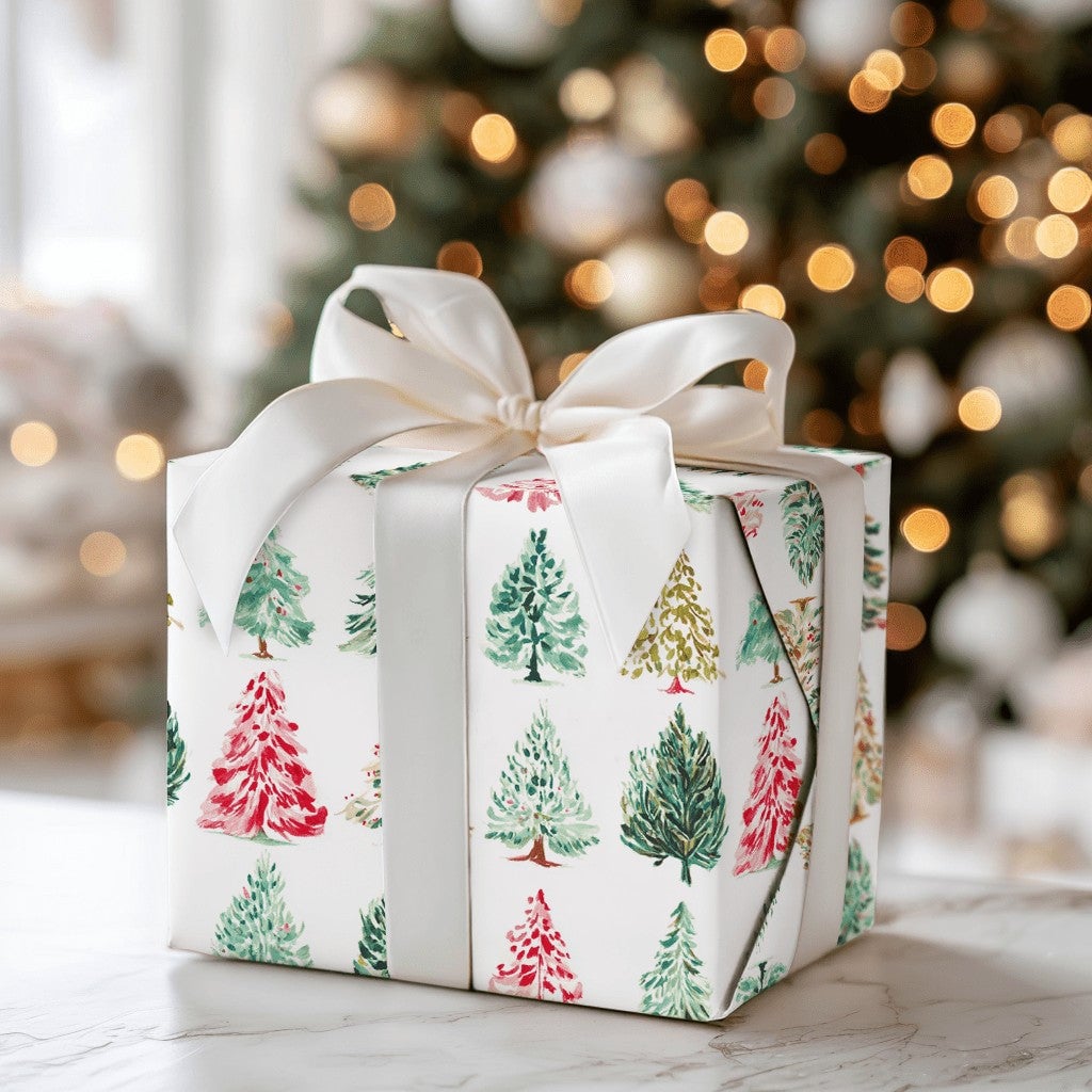 Pine Holiday Gift Wrap Paper, Watercolor Christmas Tree Wrapping Paper, Red Green Gold Gift Wrap Roll, Festive Present Wrappi
