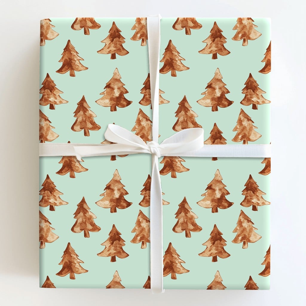 Rustic Pine Tree Gift Wrap Roll, Watercolor Christmas Tree Wrapping Paper, Mint Green Holiday Present Paper, Minimalist Winte