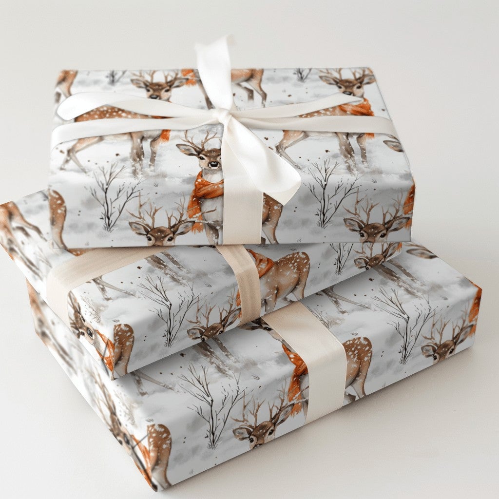 Winter Woodland Animal Gift Wrap, Watercolor Deer Christmas Wrapping Paper, Rustic Holiday Deer Wrapping Paper, Snowy Forest 