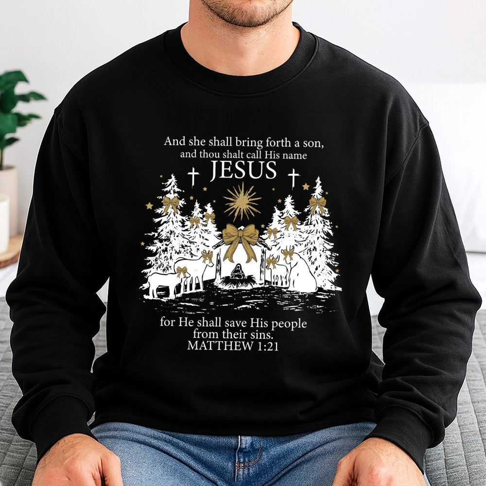 Matthew 1 21 Scripture Sweatshirt, Jesus Nativity Scene Sweatshirt, Christian Faith Sweatshirt, Religious Christmas Crewneck,