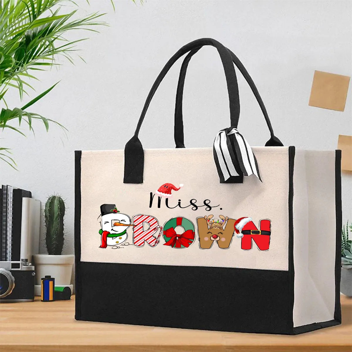 Custom Name Holiday Present Tote Bag, Personalized Teacher Christmas Cotton Tote Bag, Festive Canvas Shoulder Shopper