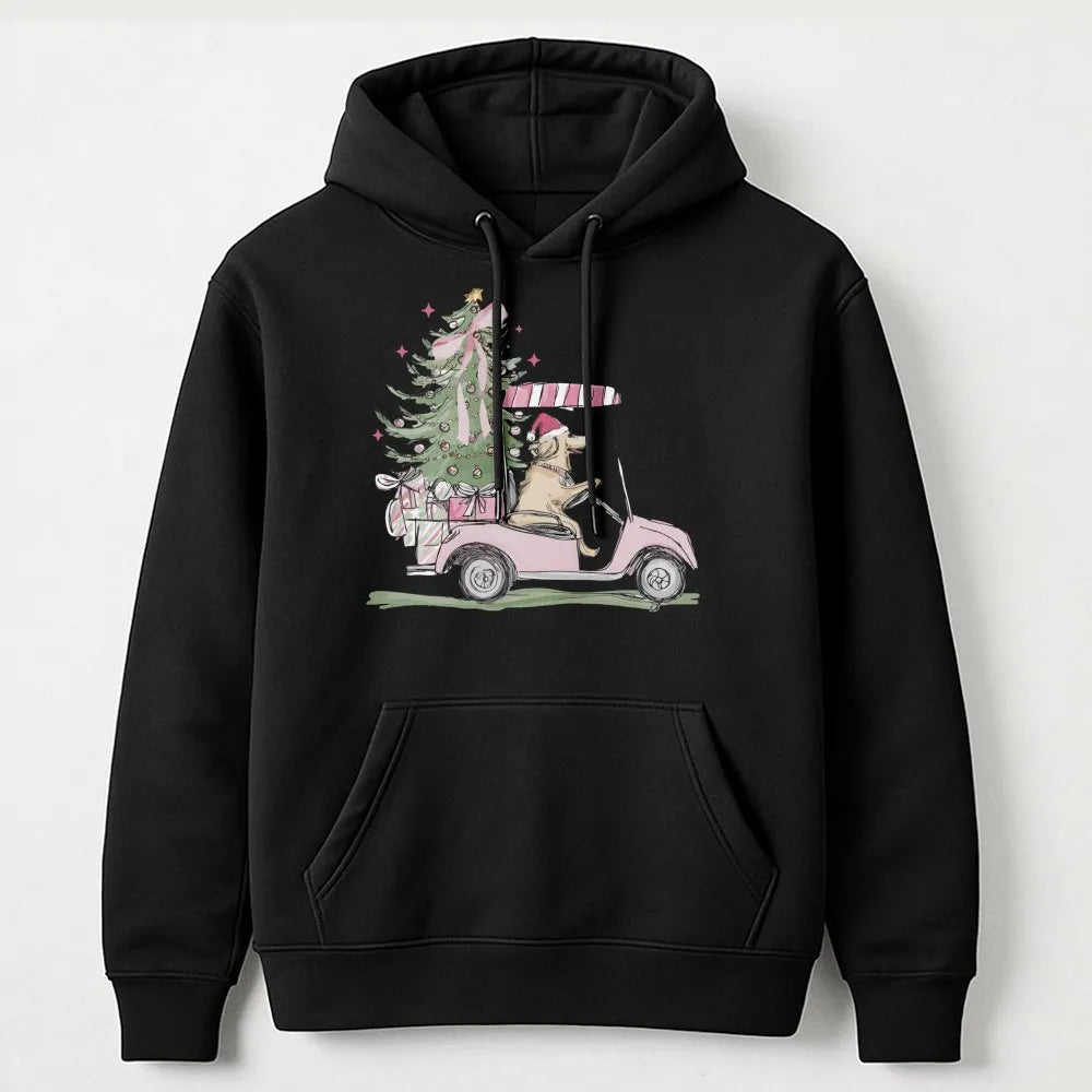 Pink Golf Cart Christmas Hoodie, Christmas Golden Retriever Hoodie, Festive Dog Lover Hooded Sweatshirt, Adorable Golfer Holi