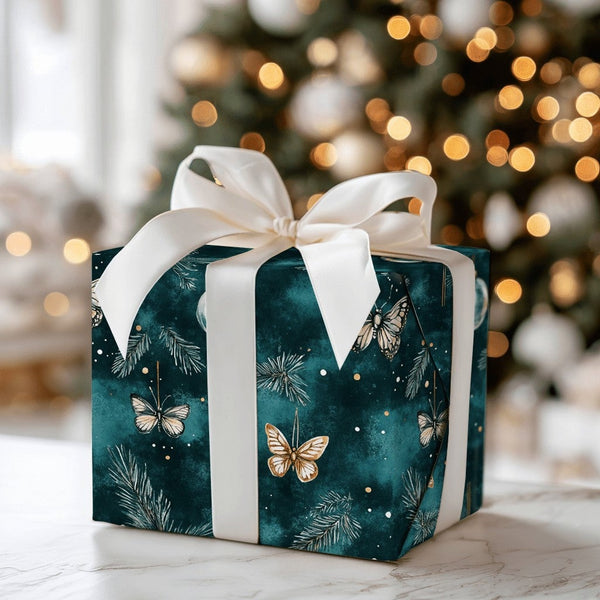 Teal Pine Ornament Gift Wrap, Winter Butterfly Wrapping Paper, Botanical Christmas Wrapping Paper, Nature Holiday Present Gif