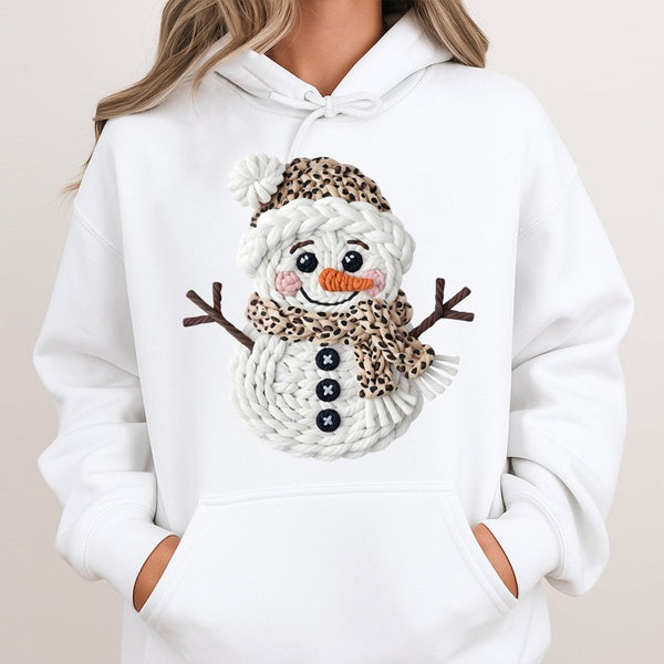 Faux Yarn Knitted Christmas Sweatshirt, Leopard Print Snowman Hoodie, Winter Snowman Graphic Hoodie, Adorable Holiday Snowman