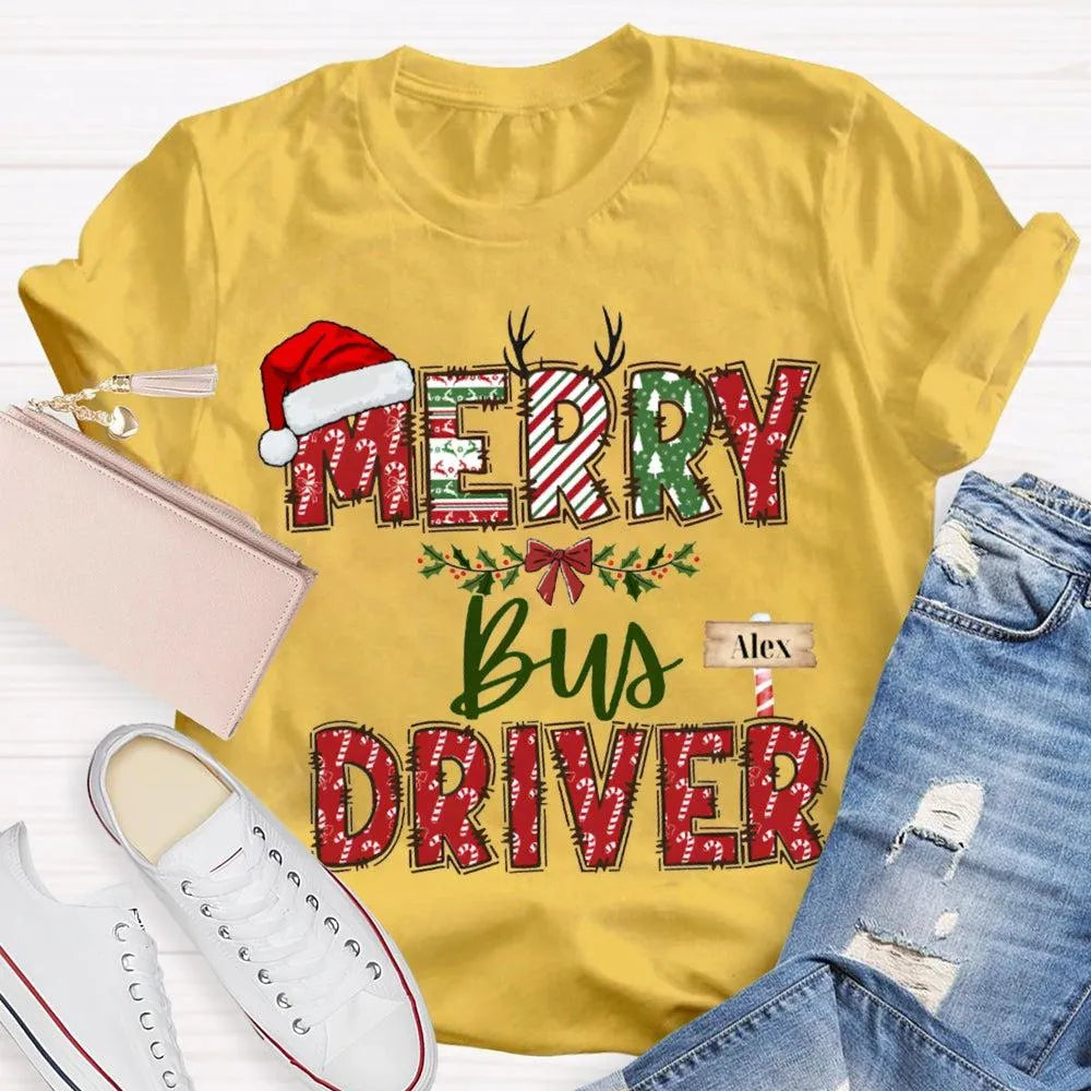 Custom Santa Hat Holiday Graphic Tee, Personalized Bus Driver Christmas T-Shirt, Merry Christmas Driver Shirt, Adorable Xmas 