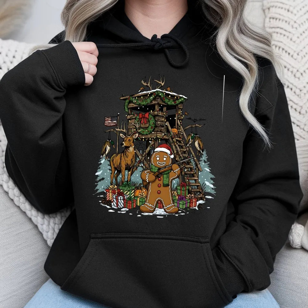 Christmas Deer Hunter Hoodie, Humorous Gingerbread Man Hunting Hoodie, Holiday Hunting Scene Hoodie, Adorable Xmas Outdoor Sw