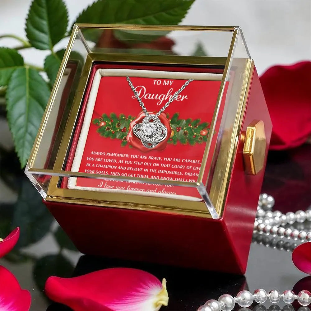 Rotating Rose Box Love Knot Pendant, To My Daughter Love Knot Necklace, Daughter Keepsake Necklace, Christmas Present Love Kn