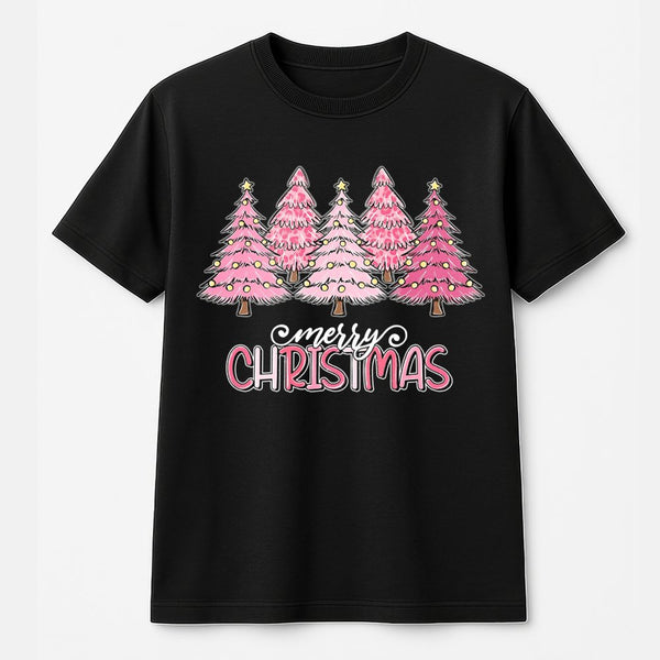 Pink Leopard Print Tree Graphic Tee, Merry Christmas T-Shirt, Adorable Holiday Season T-Shirt, Retro Womens Xmas Shirt, Famil