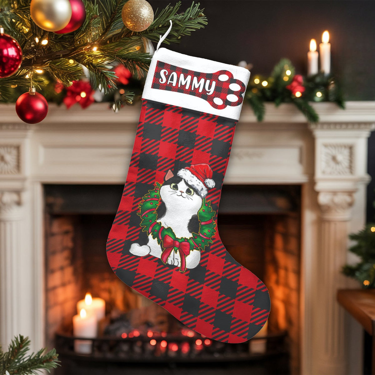 Custom Name Pet Holiday Stocking, Personalized Buffalo Plaid Cat Christmas Stocking, Red Plaid Christmas Stocking, Velboa Cat