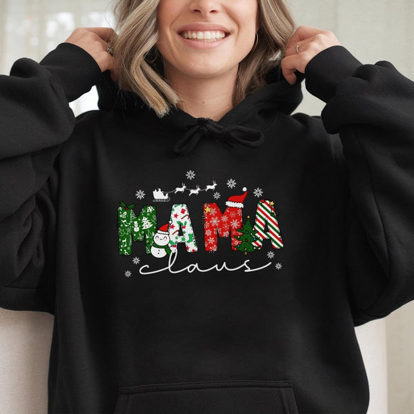 Festive Holiday Lettering Sweatshirt, Mama Claus Christmas Hoodie, Adorable Christmas Mom Graphic Pullover, Winter Holiday Pr