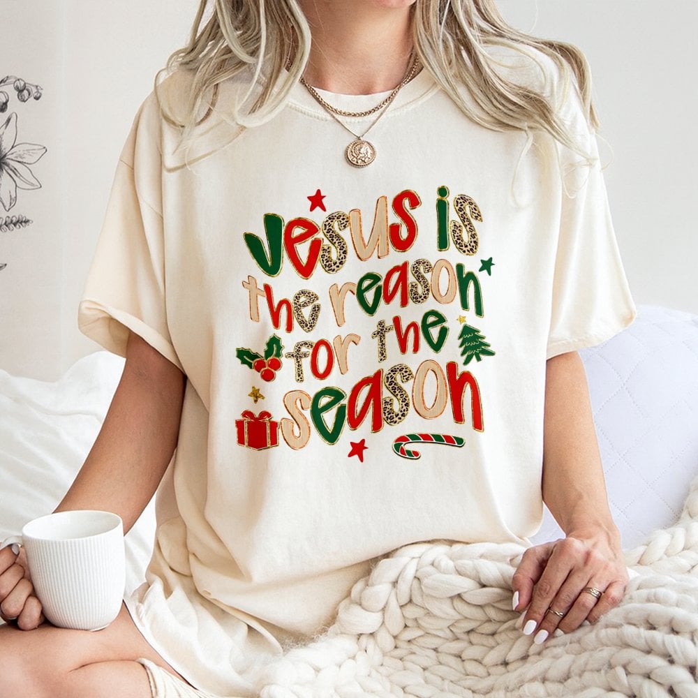 Leopard Print Christian Tee, Jesus Is the Reason for the Season Shirt, Religious Christmas Graphic T-Shirt, Faith Holiday Shi