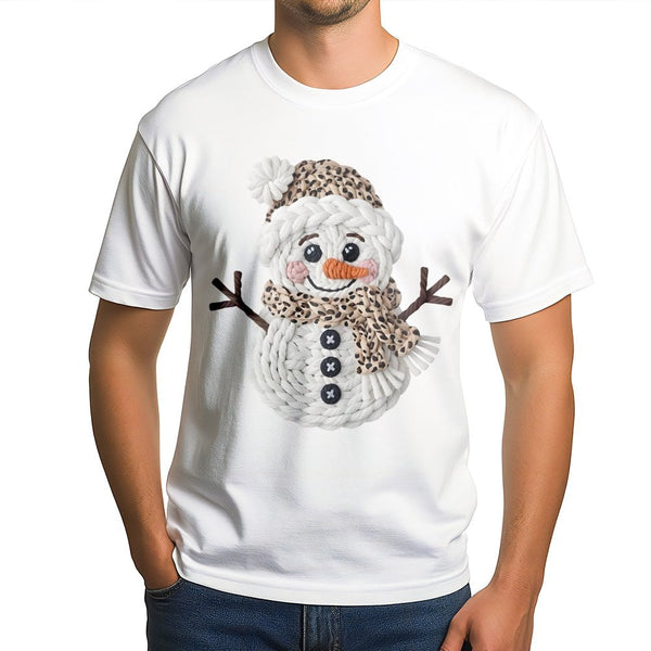 Faux Yarn Macrame Graphic Tee, Leopard Print Snowman Christmas Shirt, Adorable Holiday Snowman T-Shirt, Winter Snowman Graphi