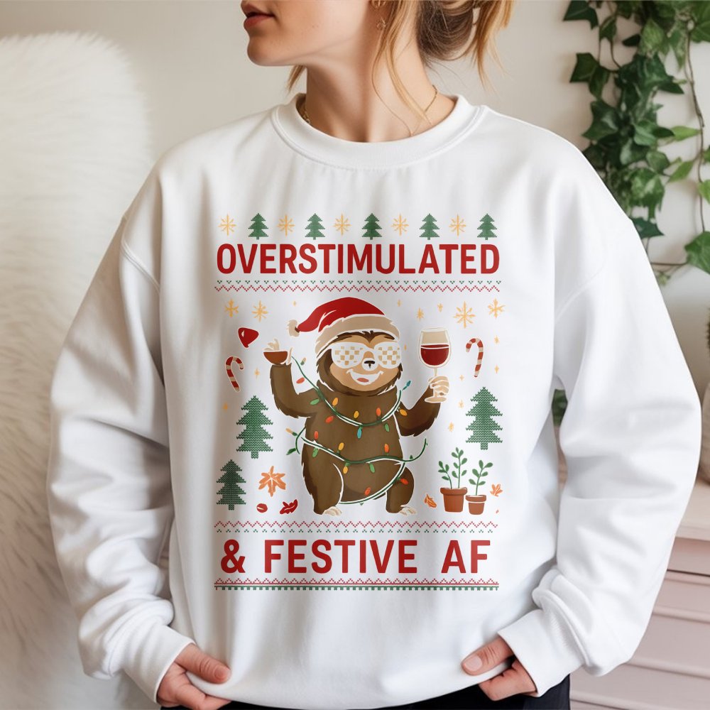 Humorous Wine Christmas Sweatshirt, Overstimulated Sloth Sweatshirt, Adorable Sloth Holiday Crewneck, Comfy Animal Pullover S