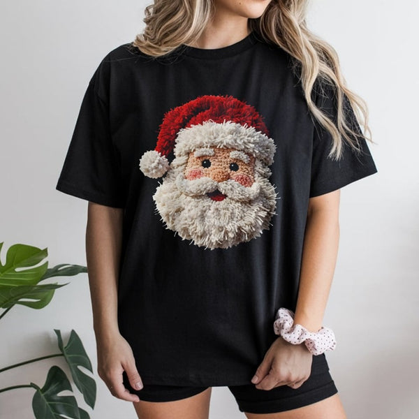 Textured Yarn Look Christmas Shirt, Punch Needle Santa T-Shirt, Vintage Santa Claus Graphic Tee, Retro Holiday Santa T-Shirt,