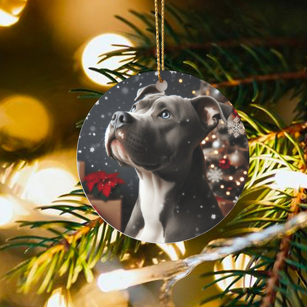 Pitbull Dog Holiday Ornament, Grey Pitbull Christmas Ornament, Winter Pitbull Ceramic Ornament, Pet Keepsake Decor, Dog Lover
