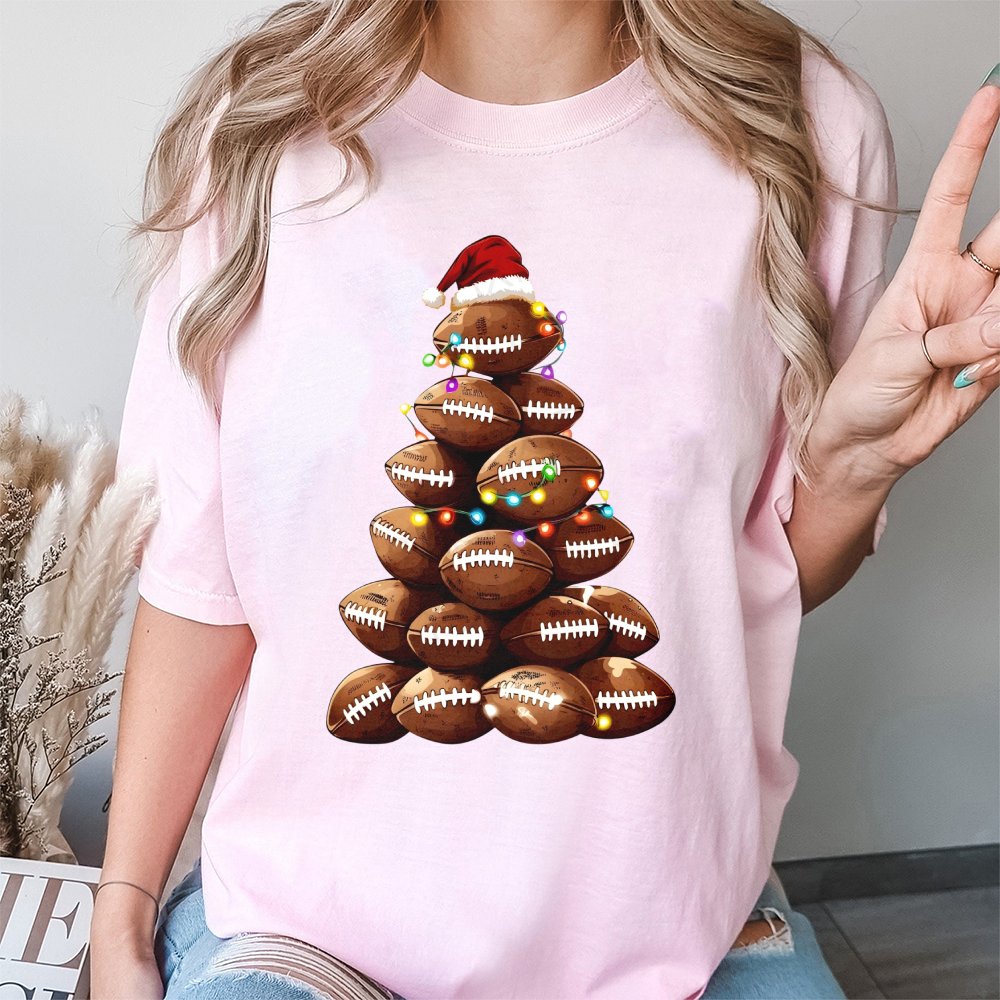 Sporty Holiday Graphic Tee, Football Christmas Tree T-Shirt, Festive Football Season Shirt, Christmas Lights Football Shirt, 
