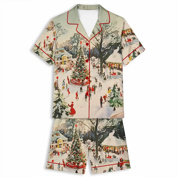 Vintage Holiday Satin Pajamas, Winter Town Square Christmas Pajama Set, Festive Christmas Sleepwear, Comfy Winter PJs