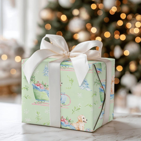 Watercolor Puppy Christmas Gift Wrap, Golden Retriever Sleigh Wrapping Paper, Holiday Dog Sleigh Wrapping Paper, Adorable Pet