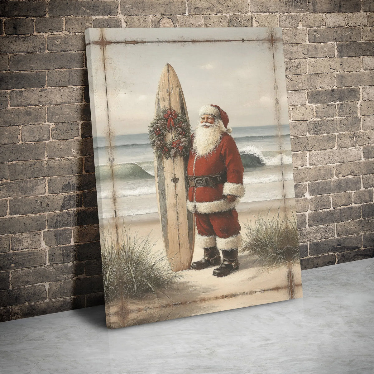 Vintage Surfing Santa Print, Coastal Santa Claus Canvas Wall Art, Tropical Christmas Canvas, Beach Holiday Decor, Surfer Sant