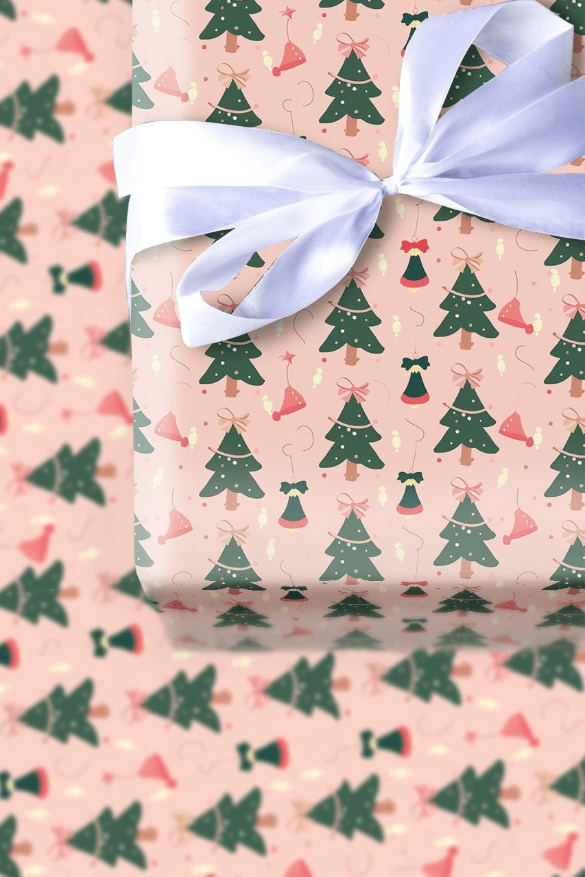 Whimsical Holiday Gift Wrap, Pink Christmas Tree Wrapping Paper, Santa Hat and Bells Xmas Wrapping Paper, Adorable Festive Gi