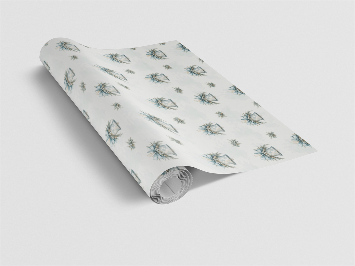 Silver Blue Holiday Wrapping Paper, Winter Bell Christmas Wrapping Paper, Elegant Floral Gift Wrap, Festive Winter Bell Wrapp