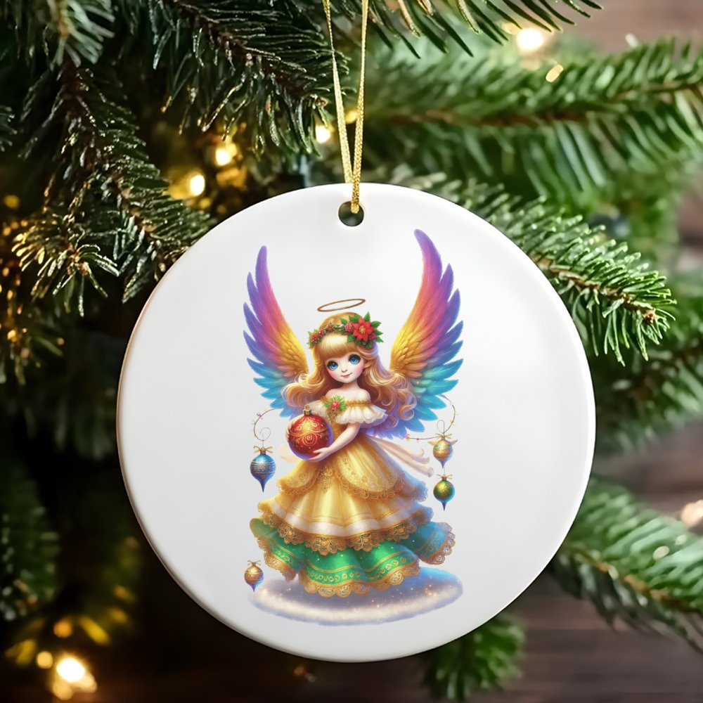 Adorable Ceramic Angel Tree Ornament, Rainbow Wings Angel Christmas Ornament, Colorful Wing Keepsake, Festive Xmas Tree Circl
